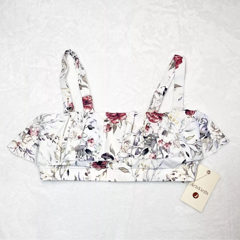 Artesands Bandeau Bikini Top White Floral Ruffle Size 8 Clementine Vermeer NWT